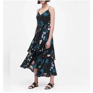 Banana Republic 4 Floral Ruffle Maxi Chiffon Dress Black Tie Waist Sleeveless